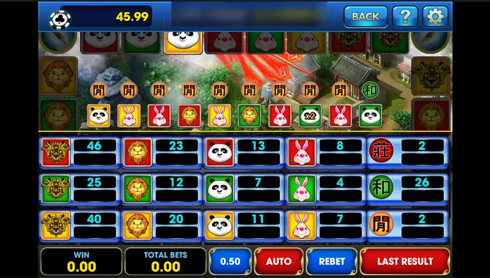 Fei Long Feng Wu betting board with dragon, lion, panda and rabbit bets in red, green and yellow, banker, tie and player boxes, and a result row