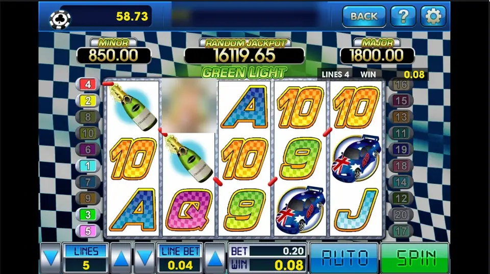 Green Light reels with champagne bottles, a rally car and chequered letters, 5 lines at 0.04 a line