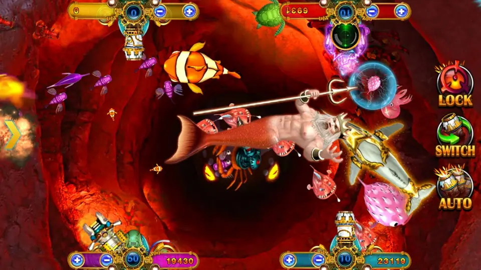 Ocean King Ultimate on 918Kiss: a merman king with a trident, clownfish and puffers in a red cave, with Lock, Switch and Auto buttons