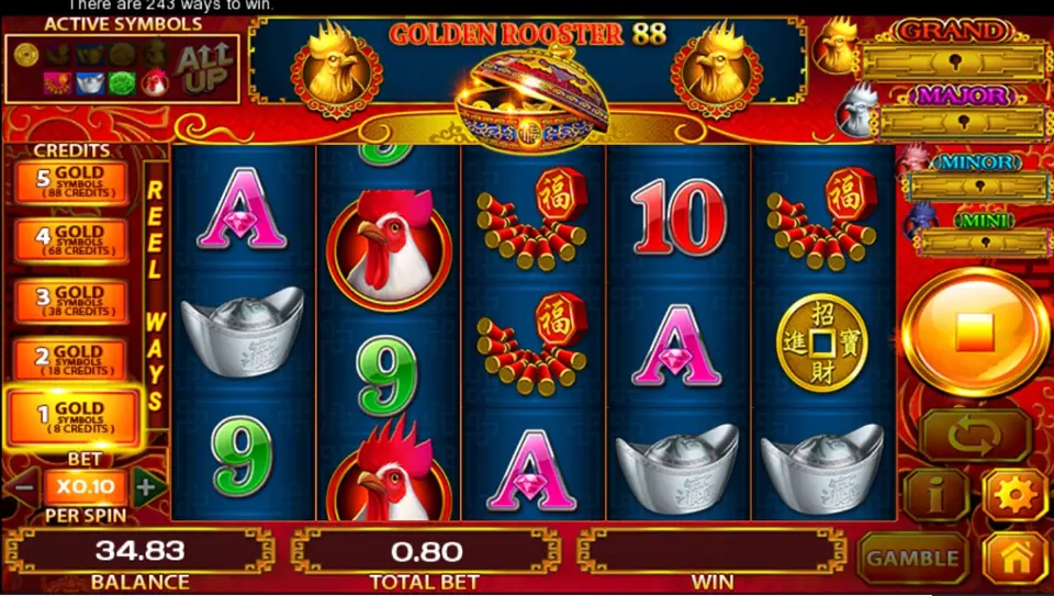 Golden Rooster 88 reels with rooster heads, silver ingots, firecrackers and a gold coin, the Gold Symbols ladder on the left and Grand, Major, Minor and Mini meters on the right