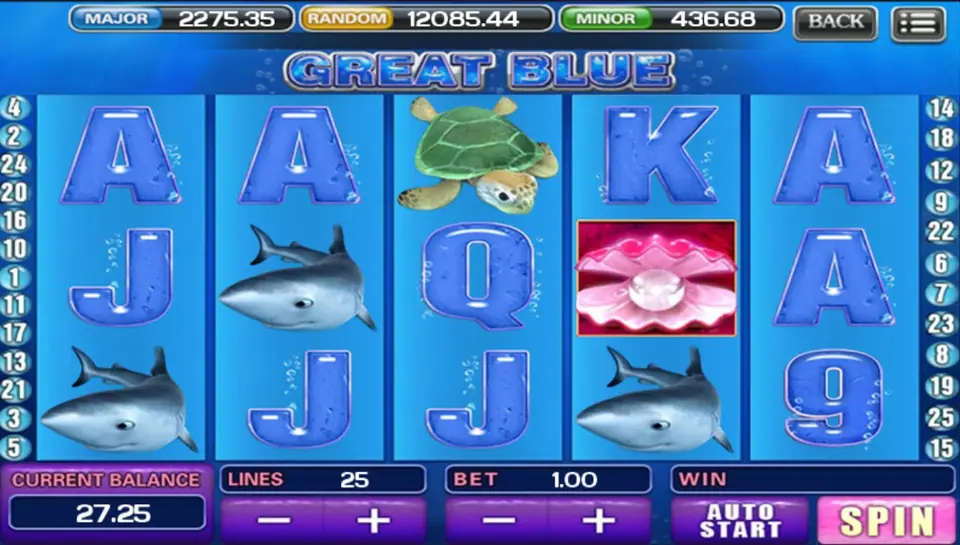 Great Blue reels with a green turtle, sharks, an oyster with a pearl and blue letters, 25 lines at a bet of 1.00