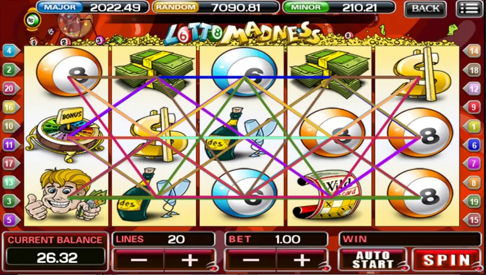 Lotto Madness reels with 20 lines drawn, a Bonus wheel, a winner waving cash, a Wild Card ticket and lotto balls, 20 lines at a bet of 1.00