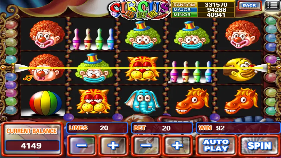 Circus on 918Kiss at 20 lines and a bet of 20, a winning line across the middle row and 92 in the win box