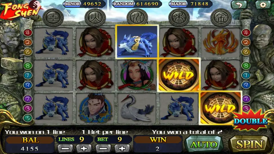 Fong Shen on 918Kiss: two WILD tiles, a DOUBLE badge and a one-line win of 2 at 9 lines