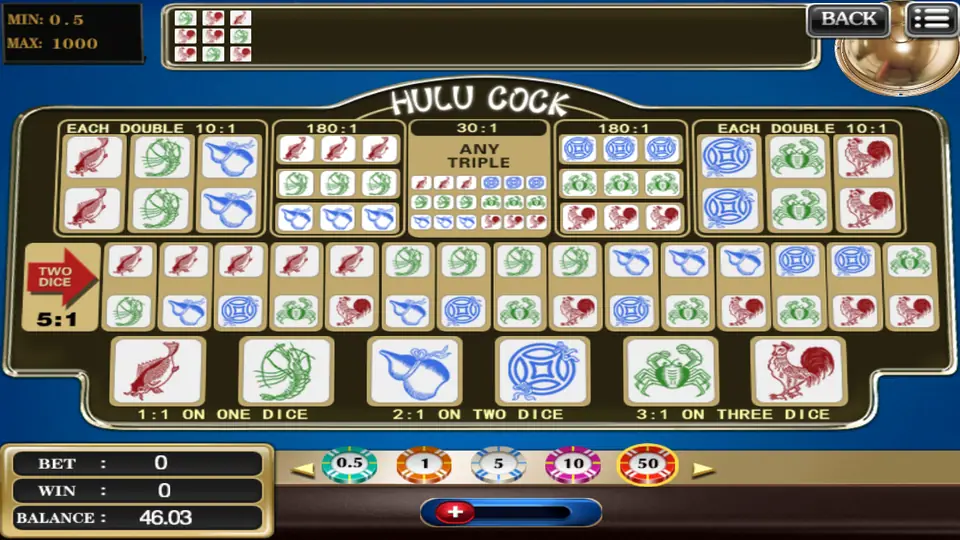 Hulu Cock board on 918Kiss with fish, prawn, gourd, coin, crab and rooster squares and payouts from 1:1 to 180:1