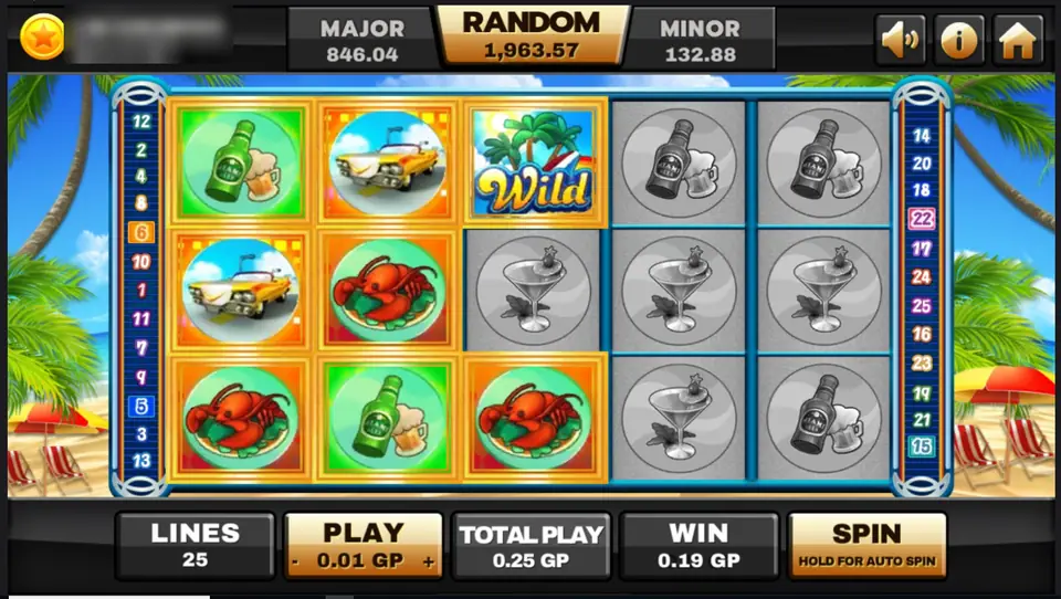 Miami slot with a palm tree Wild, lobsters, beer and a convertible lit up on a 0.19 GP win, the other symbols greyed out