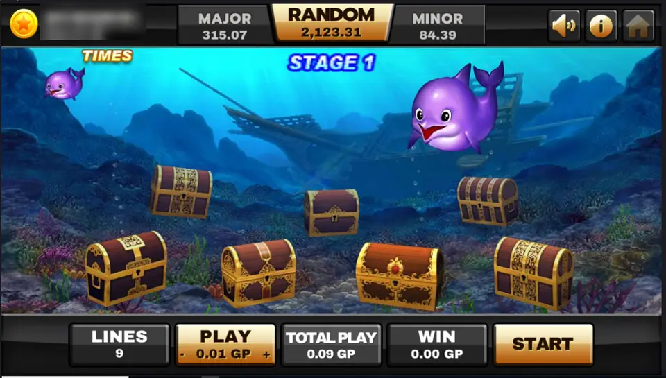 Ocean Paradise bonus round, Stage 1: closed treasure chests on the sea floor with a purple dolphin above them