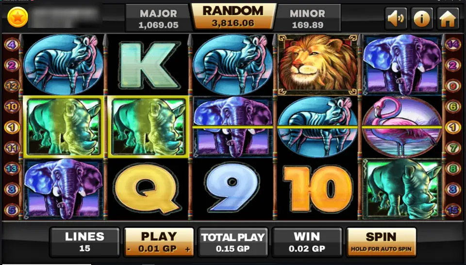 Safari Heat reels with zebras, elephants, rhinos, a flamingo and the lion, a two-rhino win framed in yellow
