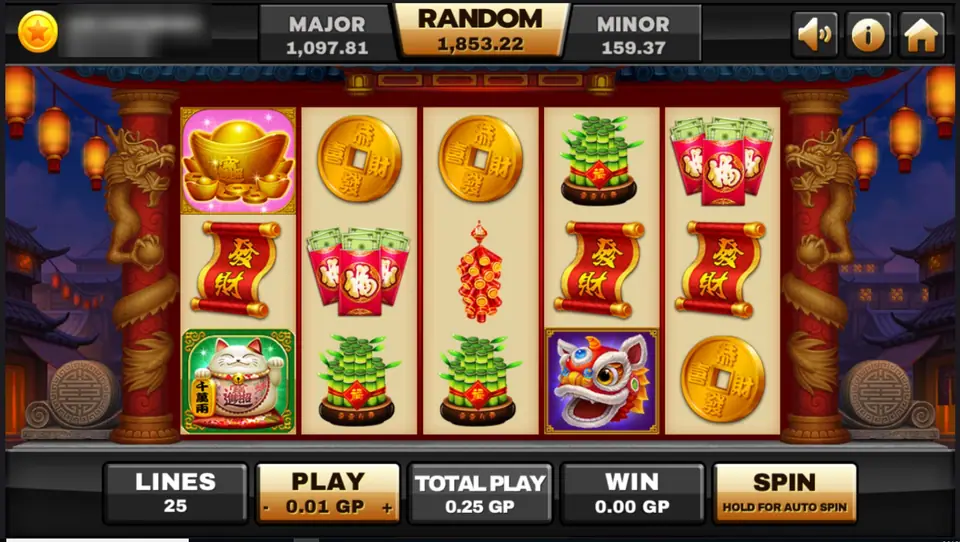 Supreme Caishen reels between red dragon pillars: gold ingot, coins, red envelopes, lucky bamboo, a lucky cat and a lion-dance head