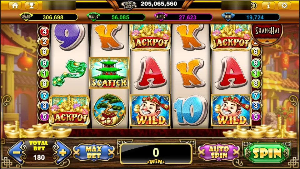 Lucky Fortune reels with three JACKPOT tiles, a pagoda scatter and two God of Wealth wilds