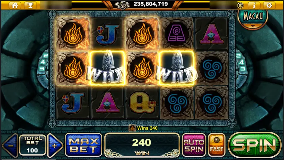 Mayan Element of Life reels with two silver mask WILD tiles helping a fire-symbol win of 240
