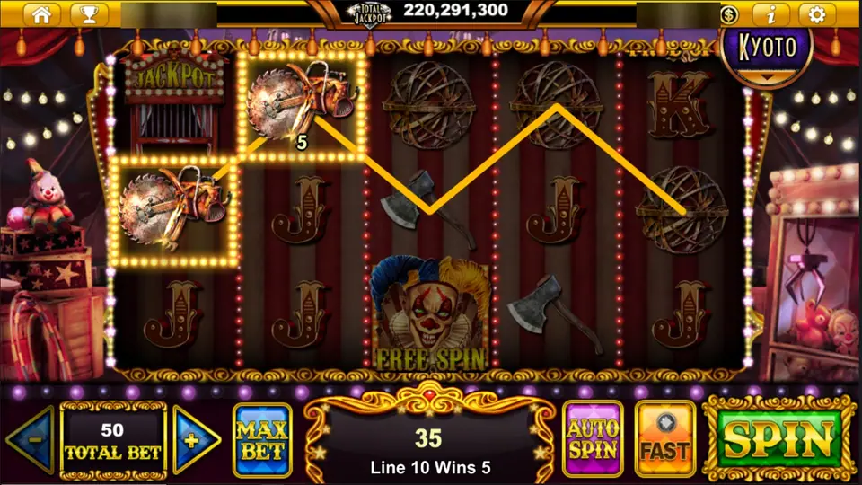 Midnight Carnival reels with a saw-blade win on line 10 and a clown Free Spin symbol on reel 3