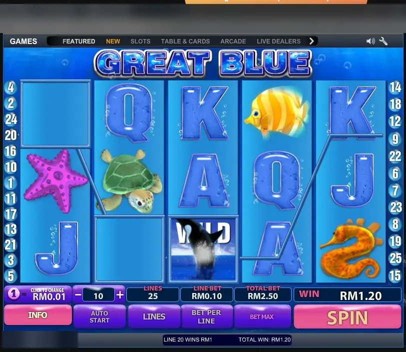 Great Blue on LPE88: an orca WILD on reel three completes line 20, 25 lines at RM0.10 a line, win RM1.20