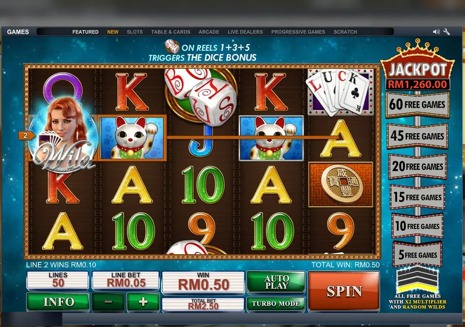 Streak of Luck on LPE88: two lucky cats and a WILD on line 2, the free games ladder and jackpot box on the right, bet RM2.50