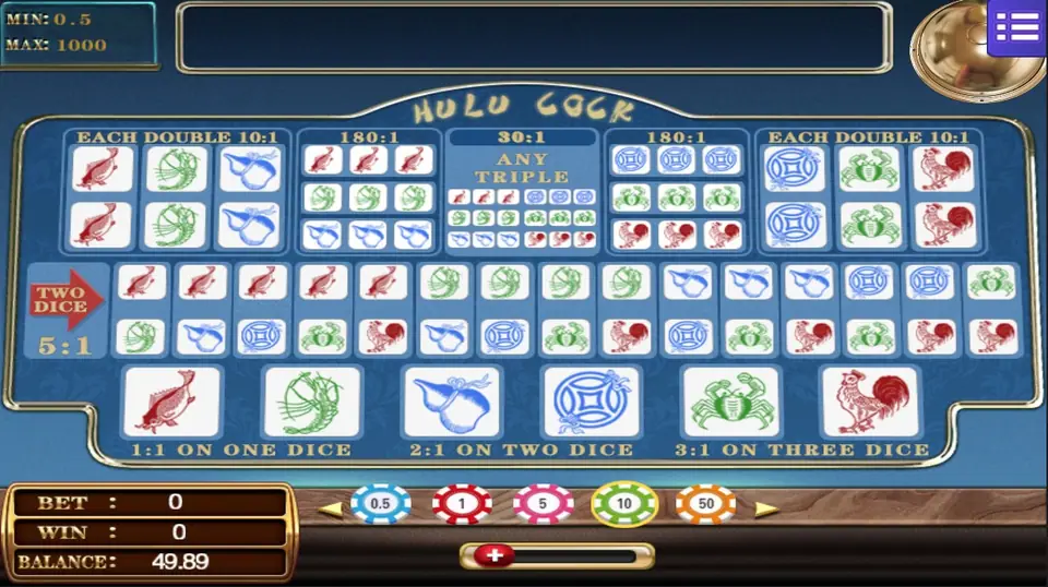Hulu Cock betting board with single symbols at 1:1, 2:1 and 3:1, two-dice pairs at 5:1, doubles at 10:1 and triples at 180:1