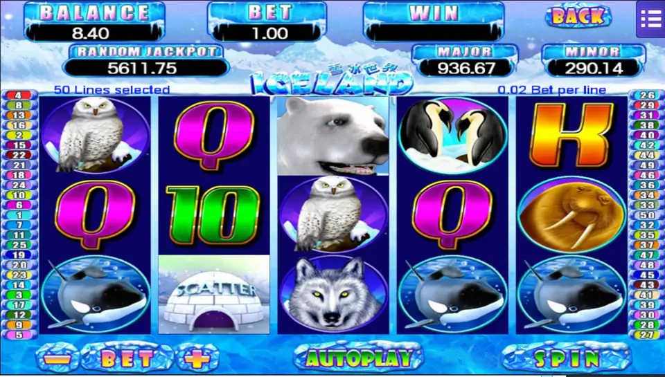 Iceland reels with owl, polar bear, penguins, walrus, orca and wolf, igloo scatter, 50 lines at 0.02 per line