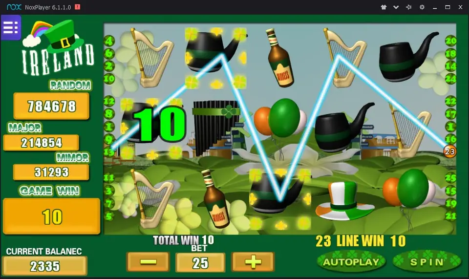 Ireland reels with harps, pipes, bottles and balloons, line 23 paying 10 at a bet of 25