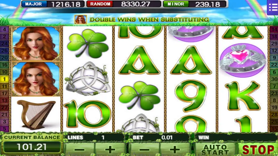 Irish Luck reels with a red-haired woman stacked on reel 1 and a banner reading Double Wins When Substituting