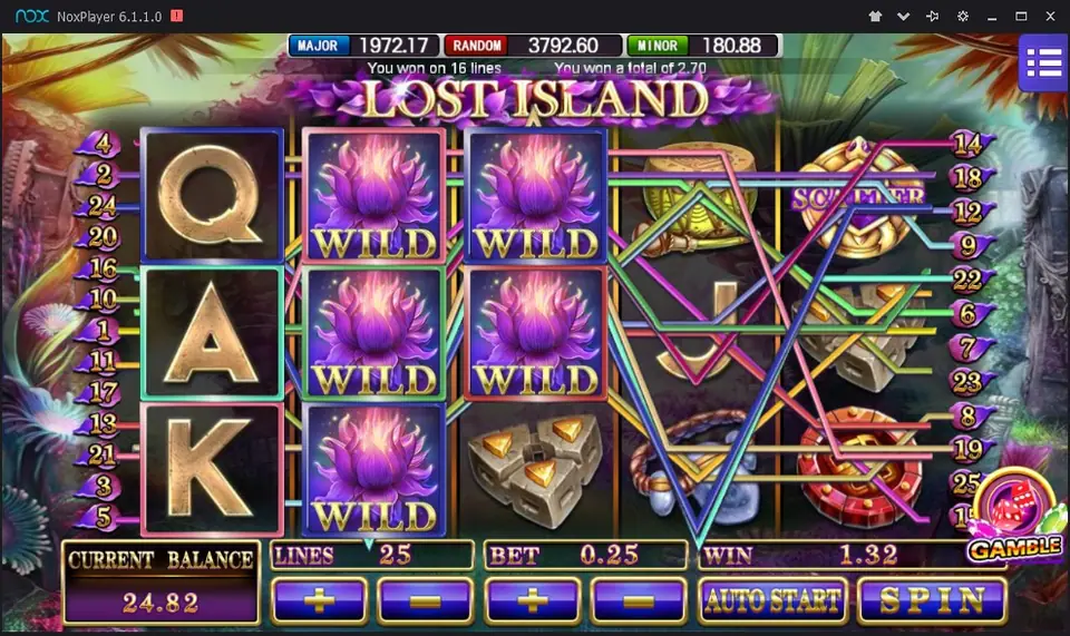 Lost Island reels with six purple lotus wilds on reels 2 and 3, lines drawn across the grid, 25 lines at a 0.25 bet