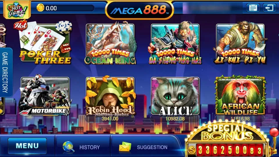 Mega888 lobby with Poker Three, Ocean King, Da Sheng Nao Hai, Li Kui Pi Yu, Motorbike, Robin Hood, Alice and African Wildlife tiles and a Special Bonus counter