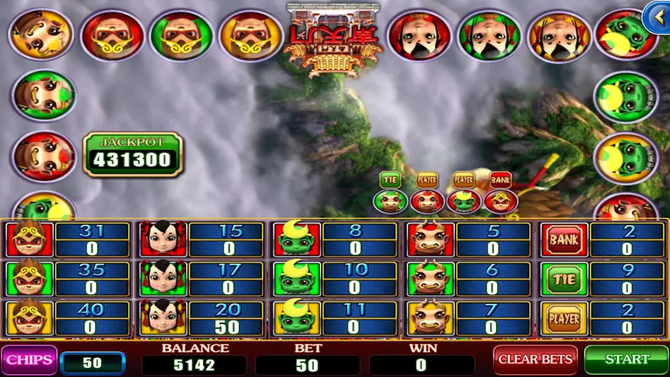 Monkey Slots bet board on 918Kiss: twelve character boxes with odds from 5 to 40, Bank, Tie and Player, and a 50 chip on the yellow girl
