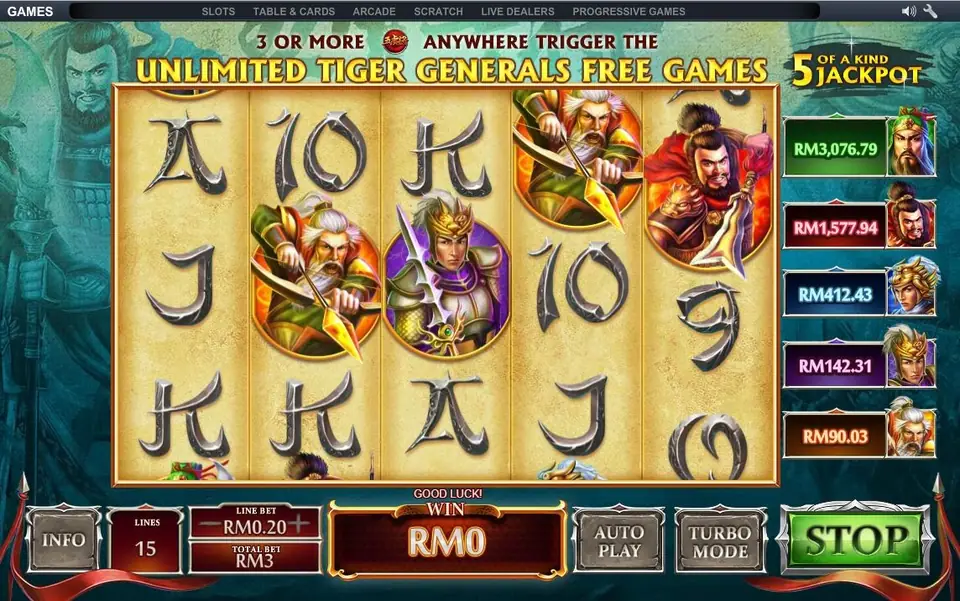 Five Tiger Generals on NTC33 with the free games banner, generals in round frames and the 5 of a kind jackpot column, 15 lines at RM0.20