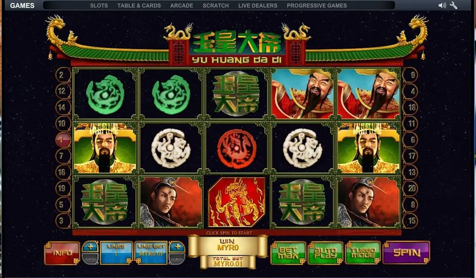Yu Huang Da Di on NTC33: three coins with the green Jade Emperor characters land on one spin, one line at MYR0.01
