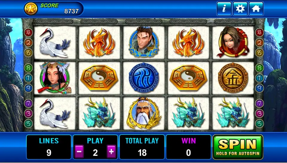 Fong Shen reels with the white-bearded sage, a crowned goddess, bagua WILD tiles, an element coin, a phoenix, a crane and a blue dragon