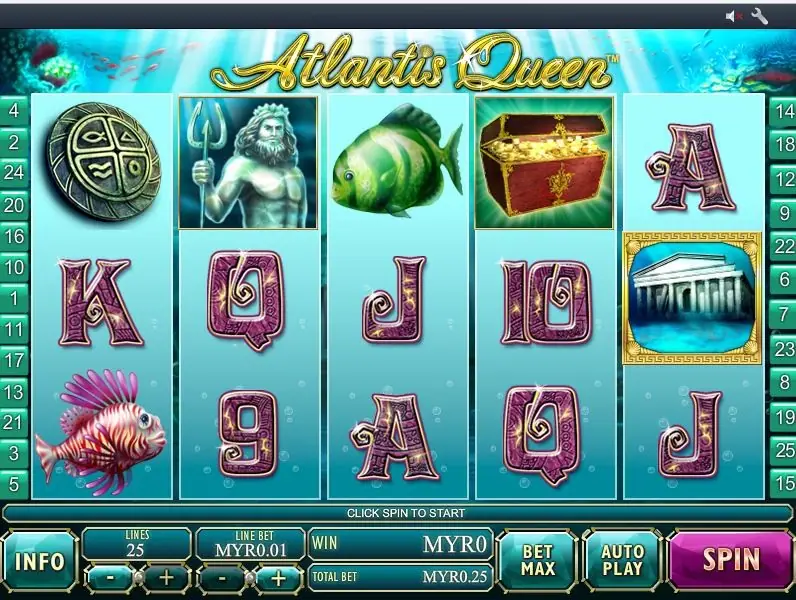 Atlantis Queen on Rollex11: a sea god statue, a treasure chest and a sunken temple on 25 lines at MYR0.01
