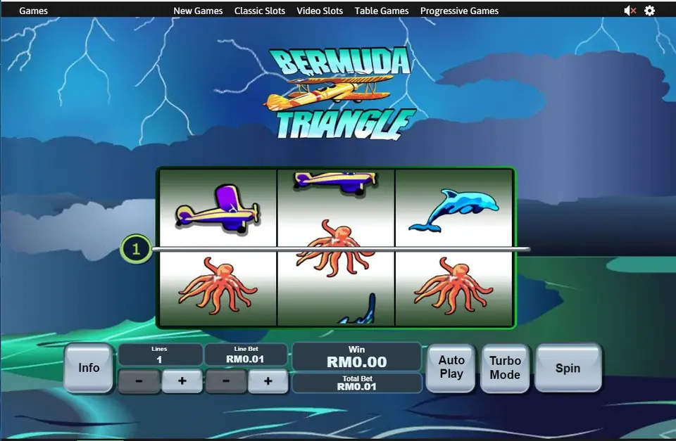 Bermuda Triangle on Rollex11: three reels with a plane, octopus and dolphin on one line at RM0.01