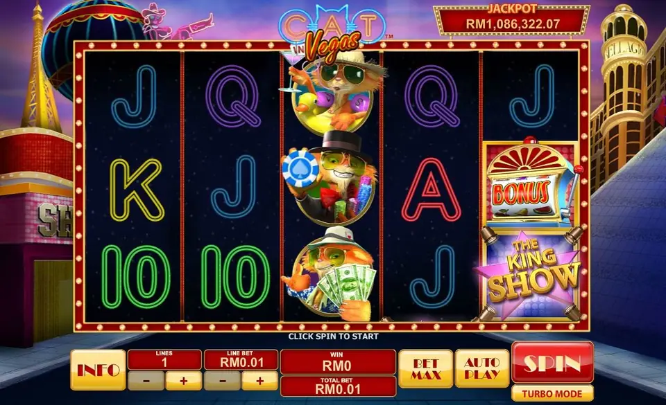 Cat in Vegas on Rollex11: the cat in three outfits on reel three, a BONUS slot machine and The King Show tile, jackpot RM1,086,322