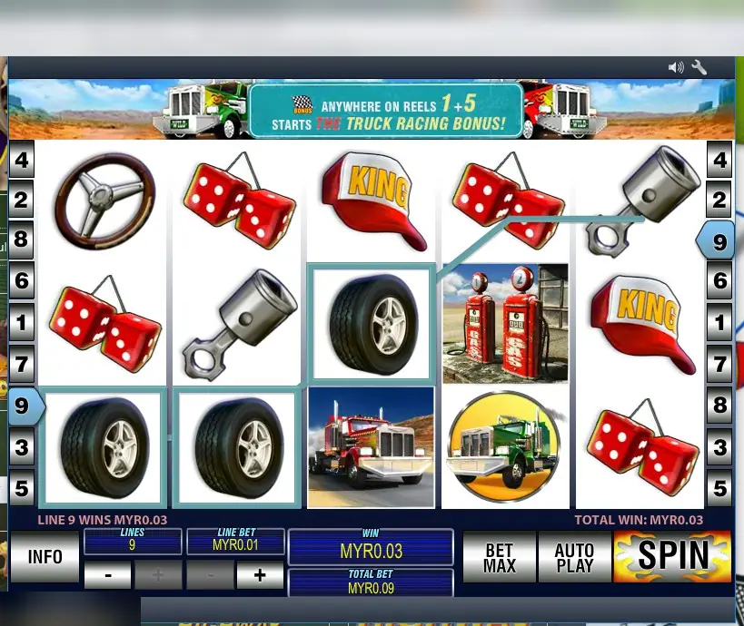 Highway Kings Pro on Rollex11: dice, tyres, trucks and petrol pumps, a line 9 win of three tyres at MYR0.09