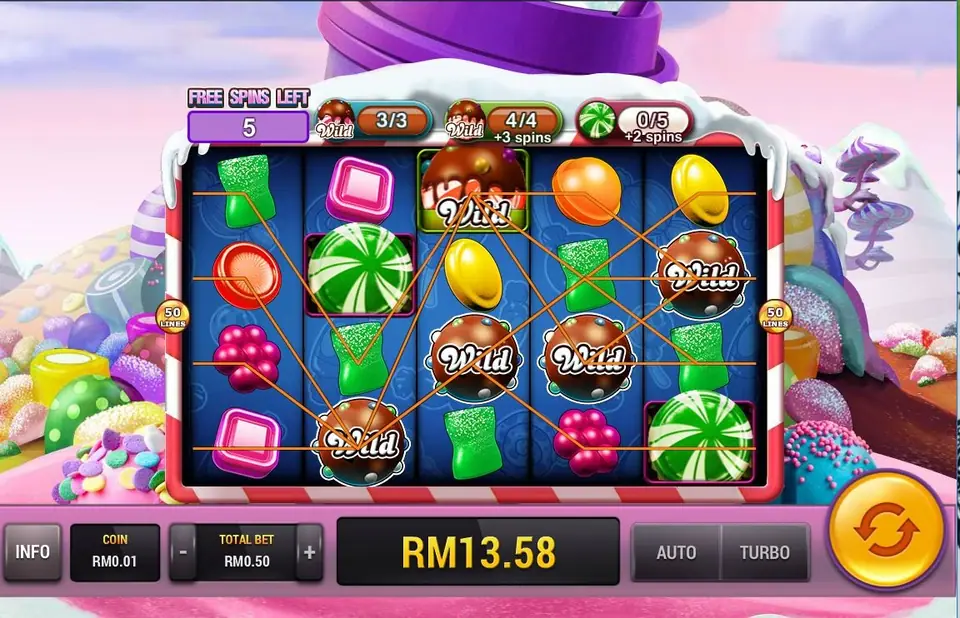 Sugar Land free spins on Rollex11: chocolate covered wilds across the reels and three jug counters above, coin RM0.01, bet RM0.50