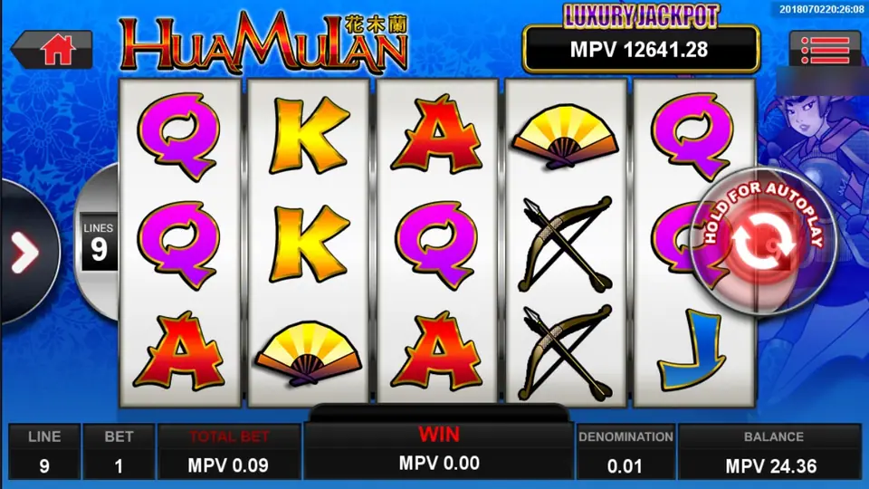 Hua Mulan reels with card ranks, fans and crossed bows under a Luxury Jackpot meter of 12,641.28 MPV, 9 lines at 0.09 MPV