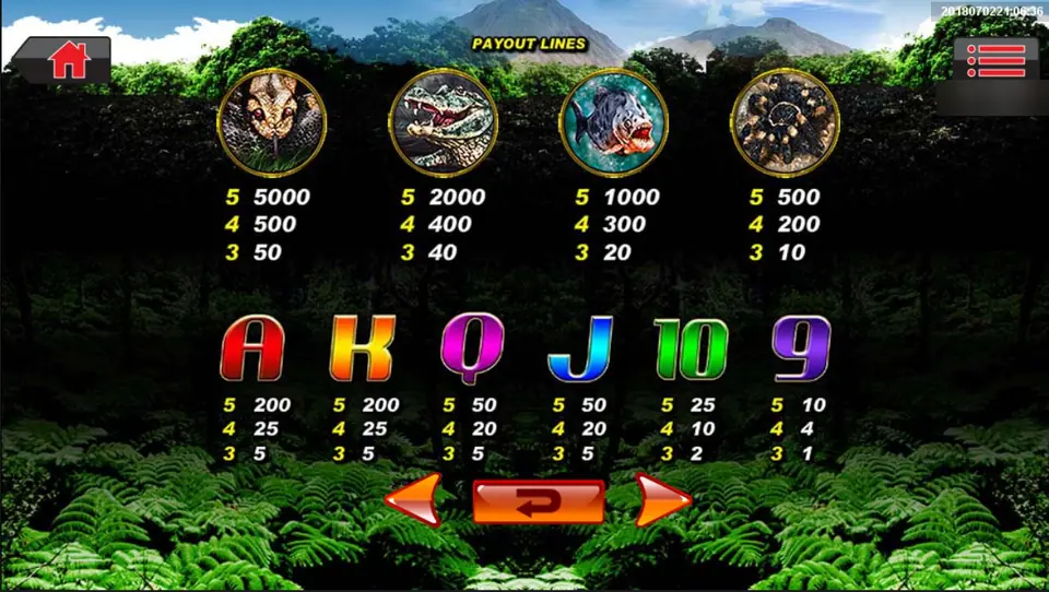 Lava Island pay table: python at 5,000 for five, crocodile, piranha and tarantula, then card ranks from 200 down to 10